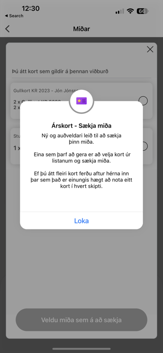 Skjámynd úr Stubb appinu þar sem árskorta-miðaflæðið byrjar