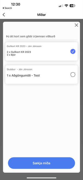 Skjámynd úr Stubb appinu þar sem kort er valið og hnappurinn Sækja miða birtist
